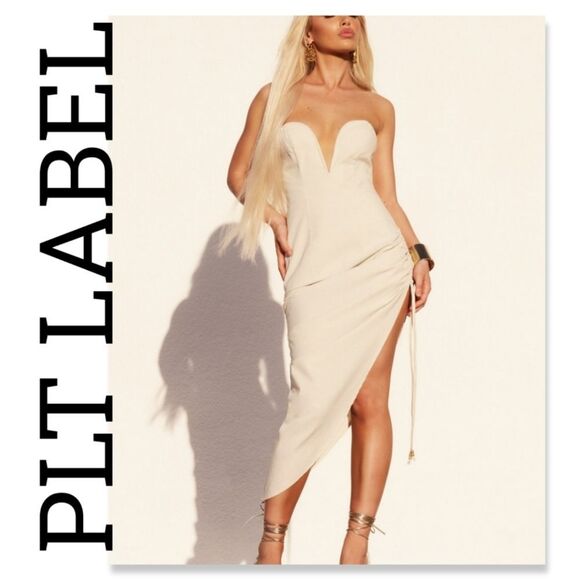 NWT PLT Label Off White Plunge Ruched Midaxi Dress - Picture 1 of 8